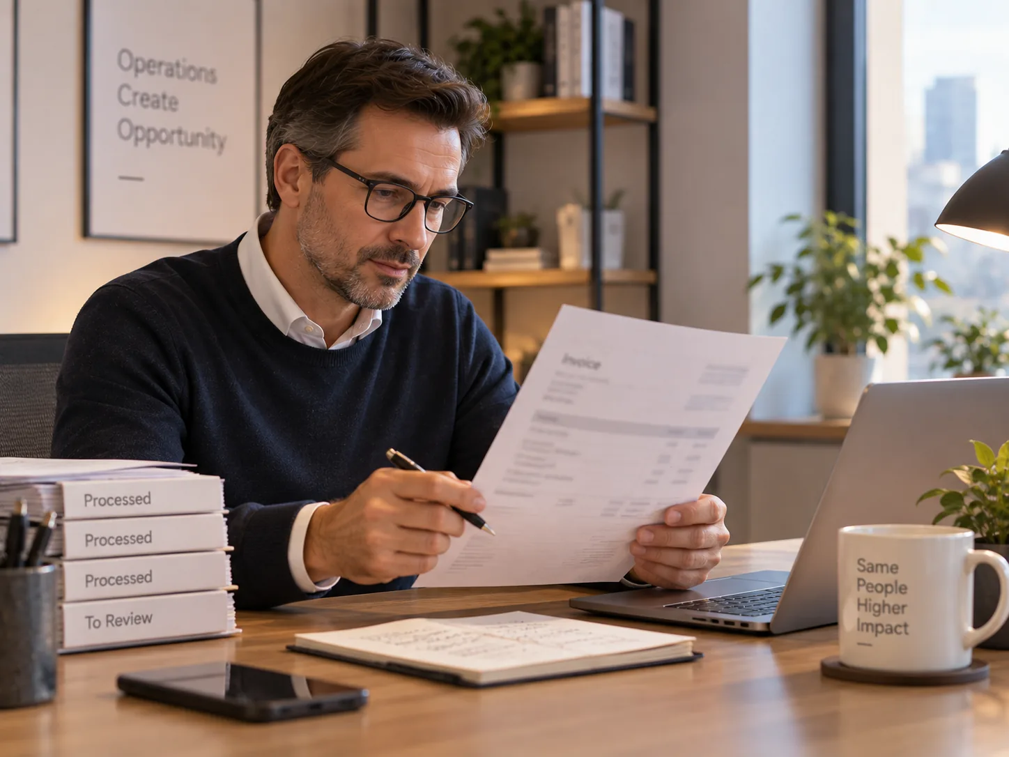 Finance manager reviewing a single printed invoice before approving it
