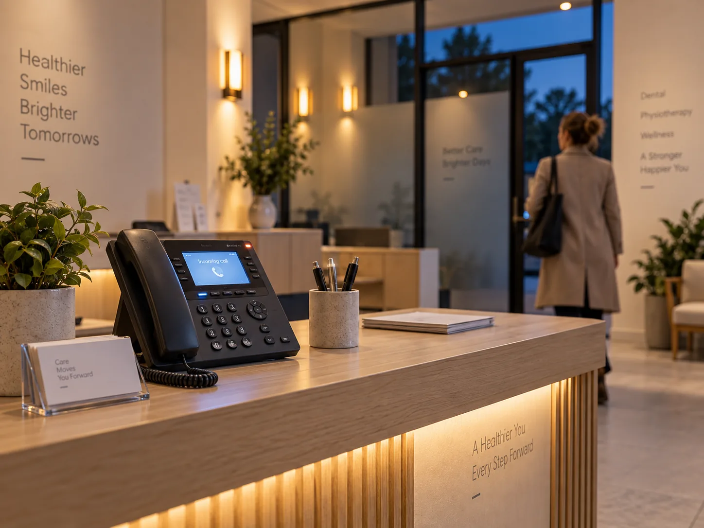 Clinic reception desk in the evening with a phone lighting up as a call comes in
