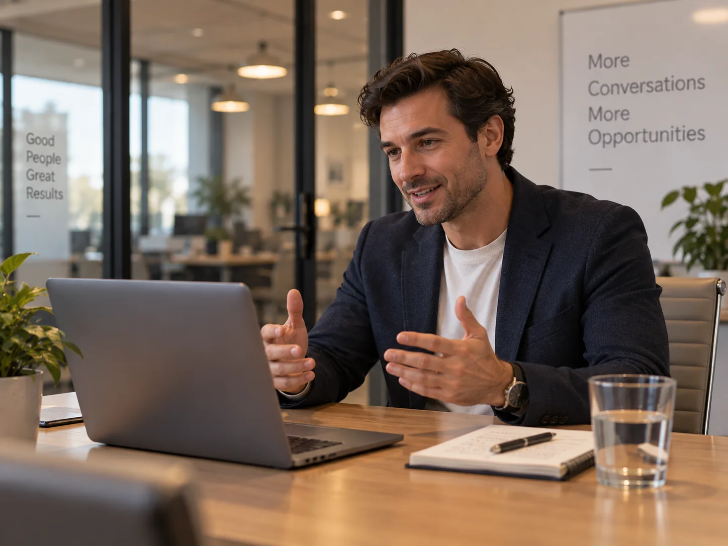 Account executive in a small meeting room mid-conversation on a video call
